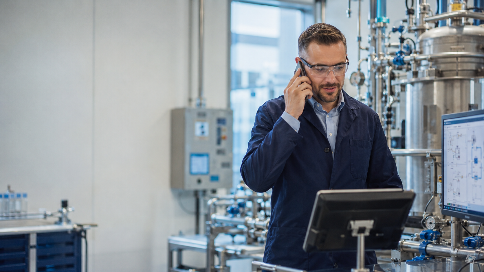 Technical engineer discussing a process project by phone